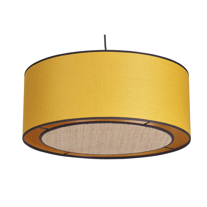foto del prodotto lampada a sospensione in lino giallo senape e fibra di rafia d50 cm traves