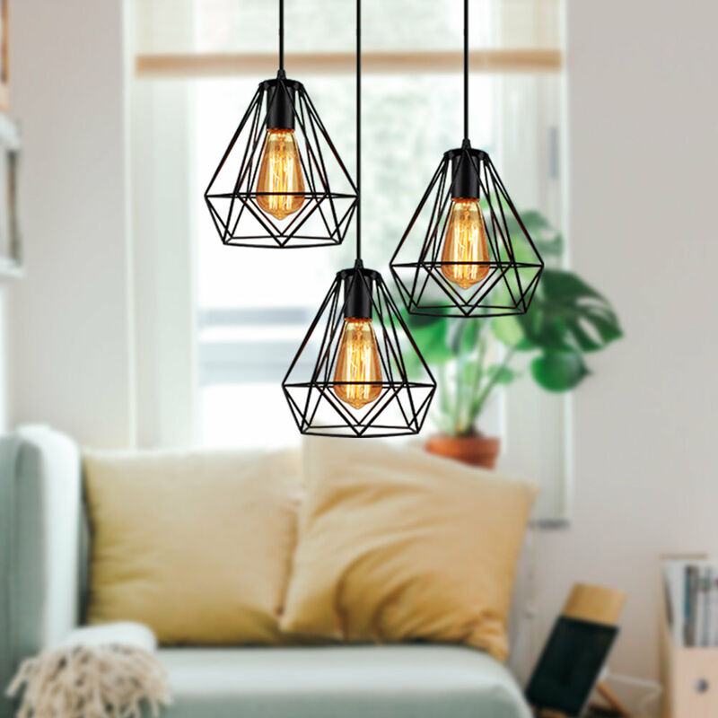 foto del prodotto lampada a sospensione in metallo, 3 luci lampada da soffitto con gabbia, 20cm diamante lampadario per camera da letto soggiorno corridoio nero 
