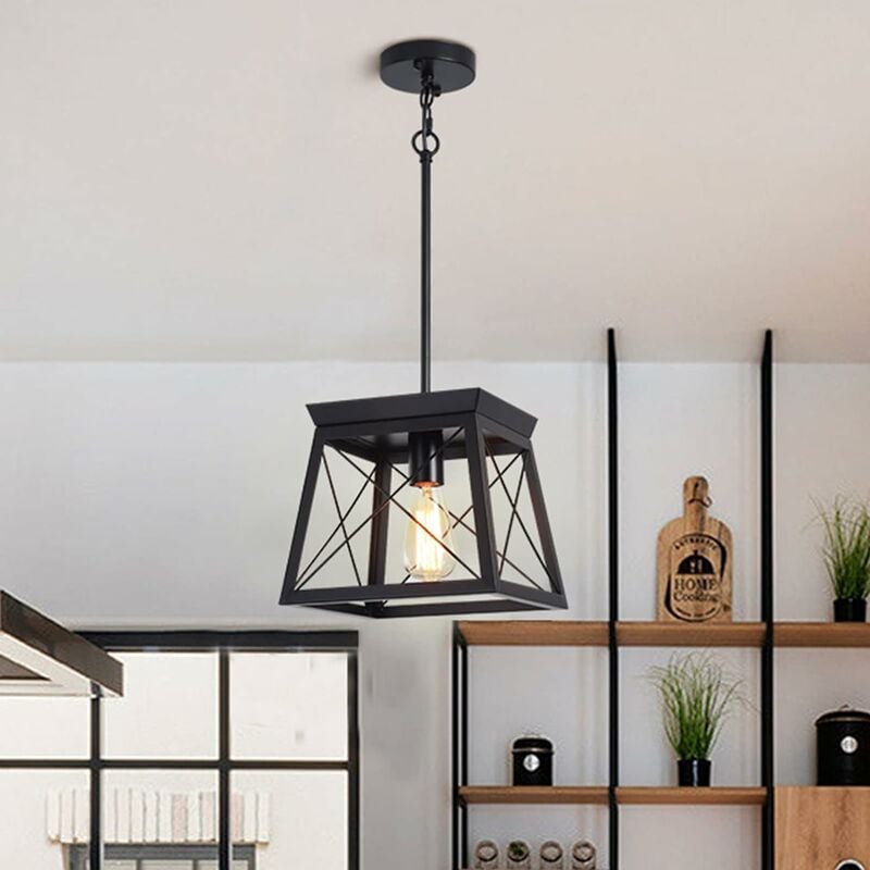 foto del prodotto lampada a sospensione in metallo con finitura in legno, 1 lampadario a lanterna rustica, regolabile in altezza per cucina, isola, sala da pranzo,