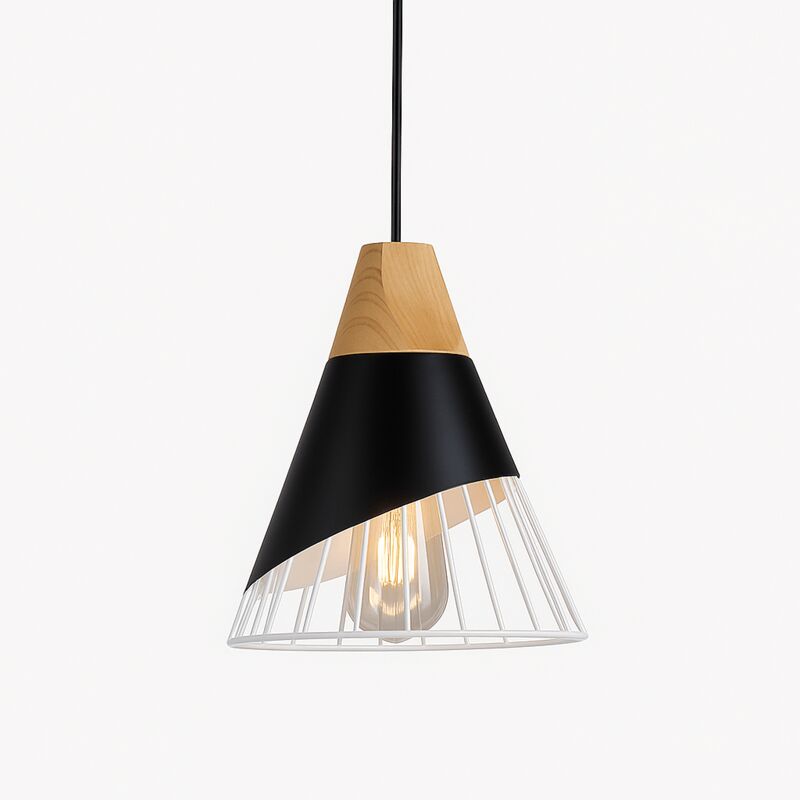 foto del prodotto lampada a sospensione in metallo e legno ador 