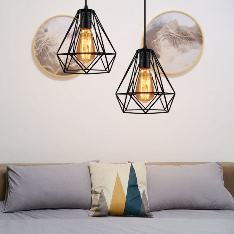 foto del prodotto lampada a sospensione in metallo, lampada da soffitto con gabbia, 20cm diamante lampadario per camera da letto soggiorno corridoio nero 2 pezzi