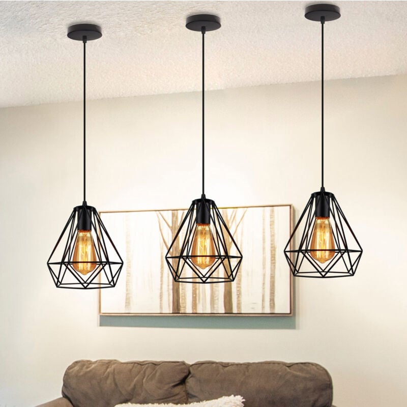 foto del prodotto lampada a sospensione in metallo, lampada da soffitto con gabbia, 20cm diamante lampadario per camera da letto soggiorno corridoio nero 3 pezzi