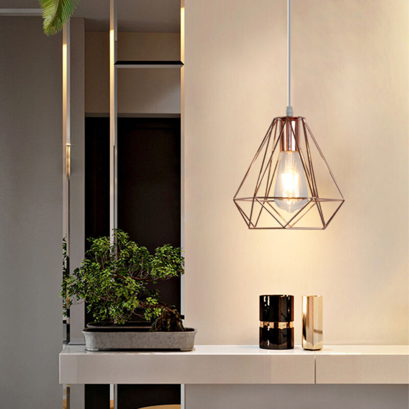 foto del prodotto lampada a sospensione in metallo, lampada da soffitto con gabbia, 20cm diamante lampadario per camera da letto soggiorno corridoio oro rosa 1 pezzi