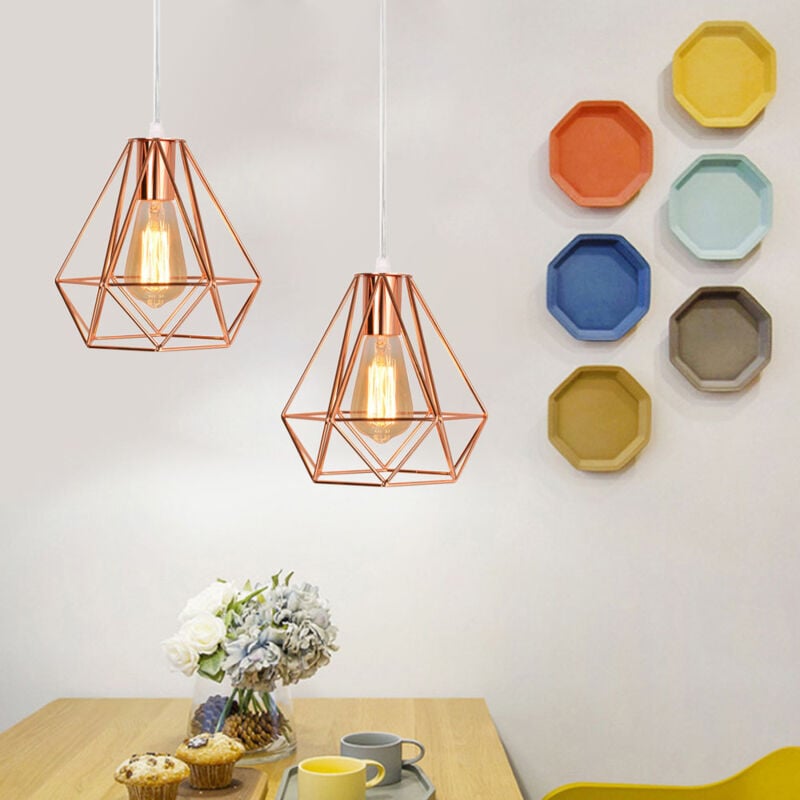 foto del prodotto lampada a sospensione in metallo, lampada da soffitto con gabbia, 20cm diamante lampadario per camera da letto soggiorno corridoio oro rosa 2 pezzi