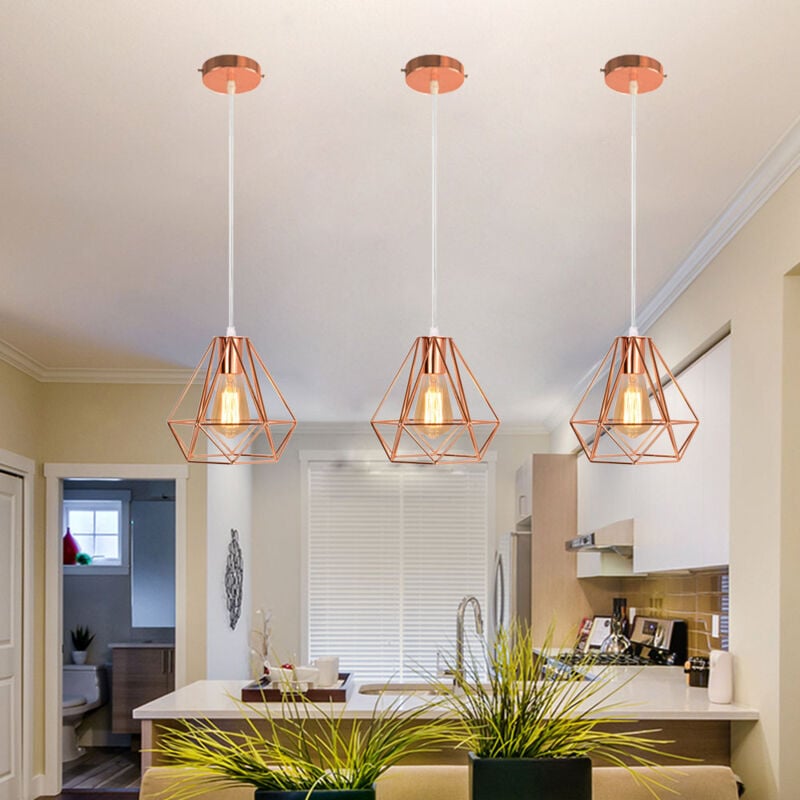 foto del prodotto lampada a sospensione in metallo, lampada da soffitto con gabbia, 20cm diamante lampadario per camera da letto soggiorno corridoio oro rosa 3 pezzi