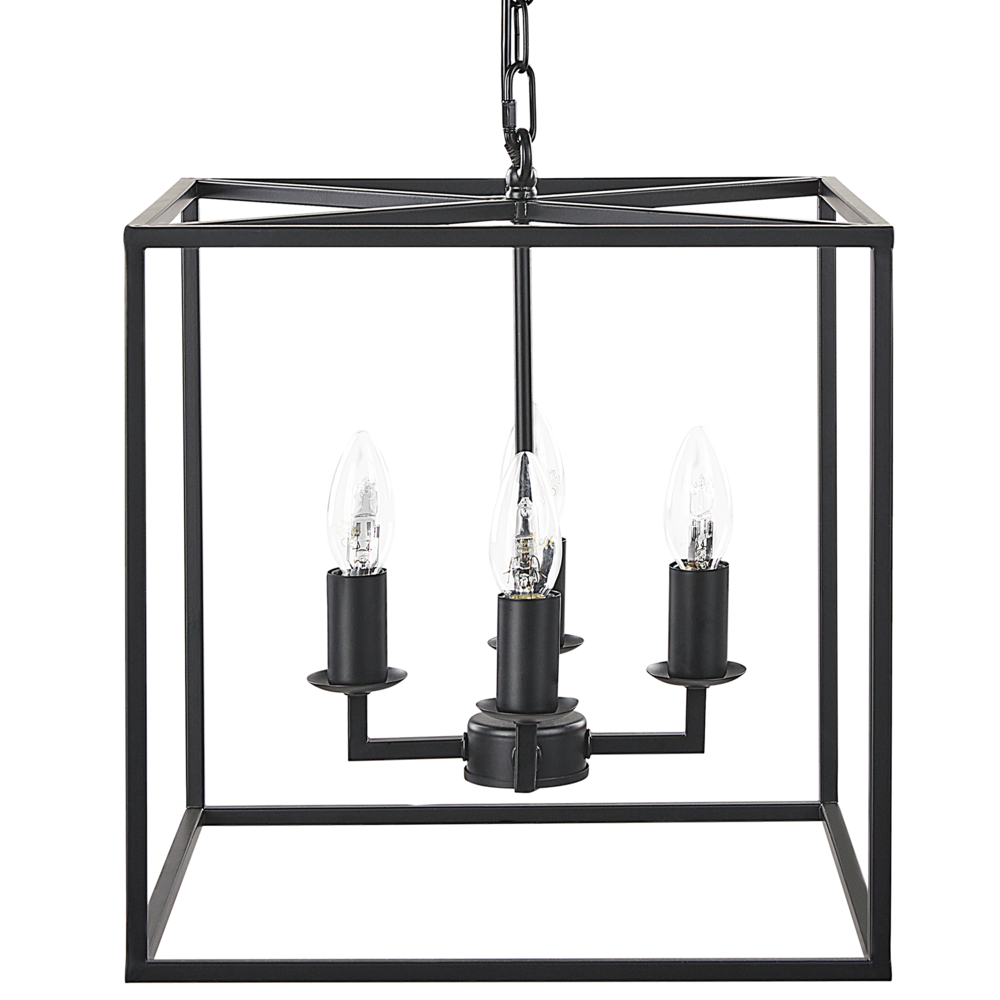 foto del prodotto lampada a sospensione in metallo nero 115 cm cubo gabbia cornice 4 luci plafoniera moderna