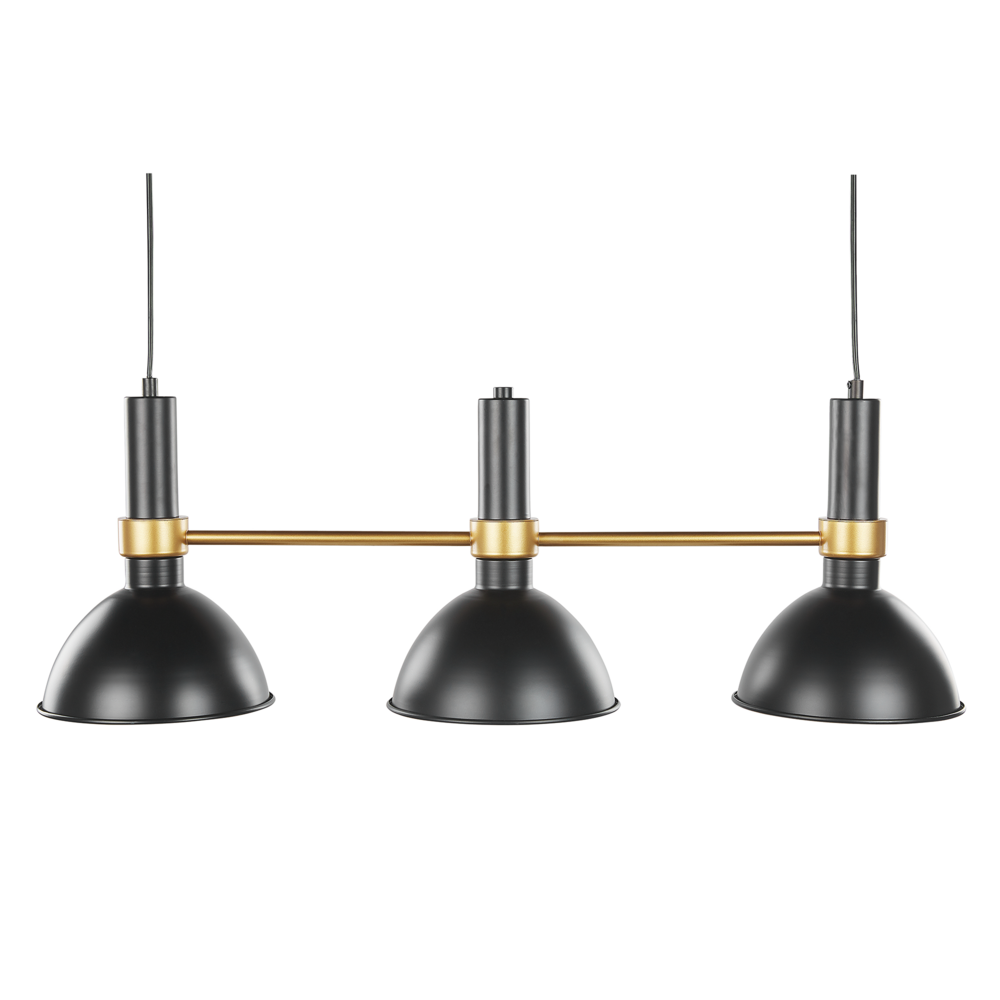 foto del prodotto lampada a sospensione in metallo nero dorato da 107 cm a 3 luci con paralumi rotondi dal design tradizionale retrò sala da pranzo soggiorno
