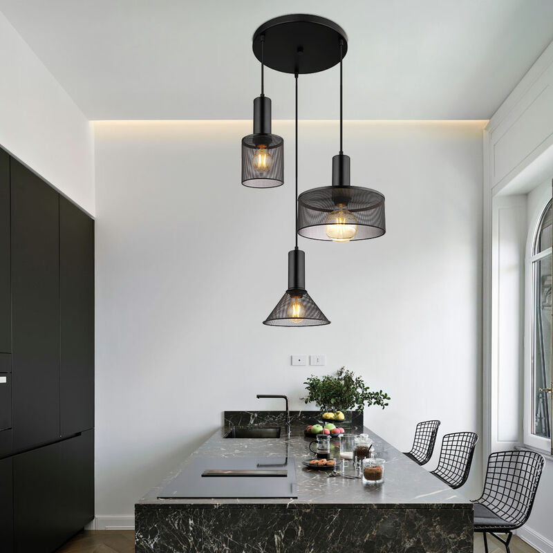 foto del prodotto lampada a sospensione in metallo nero industriale lampada a sospensione a griglia per soggiorno lampada da soffitto a sospensione, metallo, 3 prese