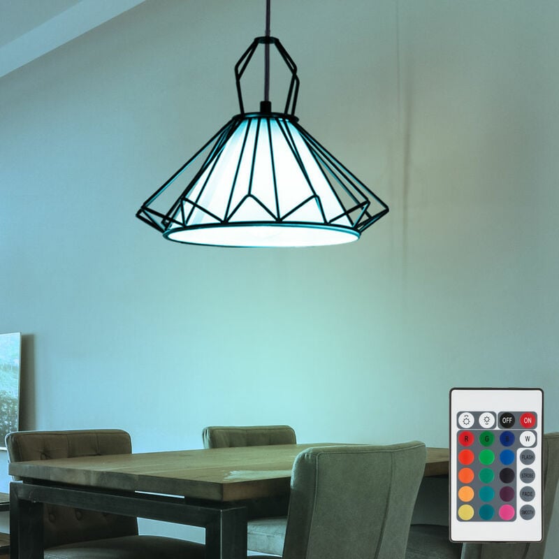 foto del prodotto lampada a sospensione in tessuto bianco per sala da pranzo, lampada a sospensione a sospensione, griglia nera, dimmerabile con telecomando, led rgb