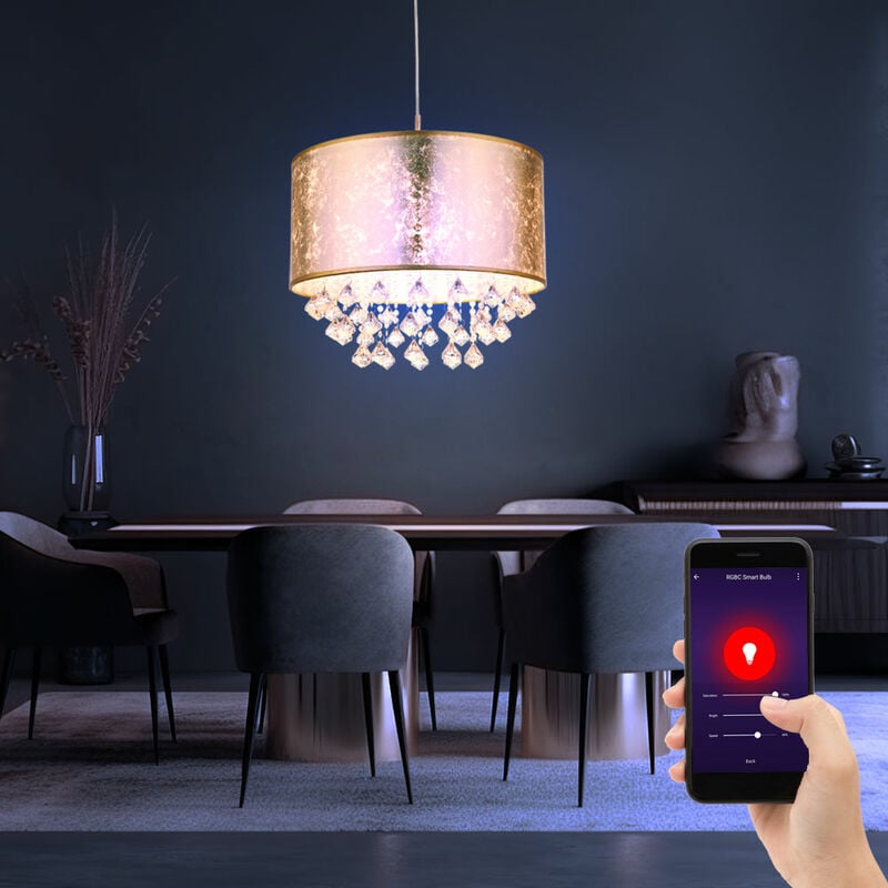 foto del prodotto lampada a sospensione in tessuto, oro, cristalli, lampada a sospensione, sala da pranzo, soggiorno, pendolo, aspetto foglia oro, controllo tramite