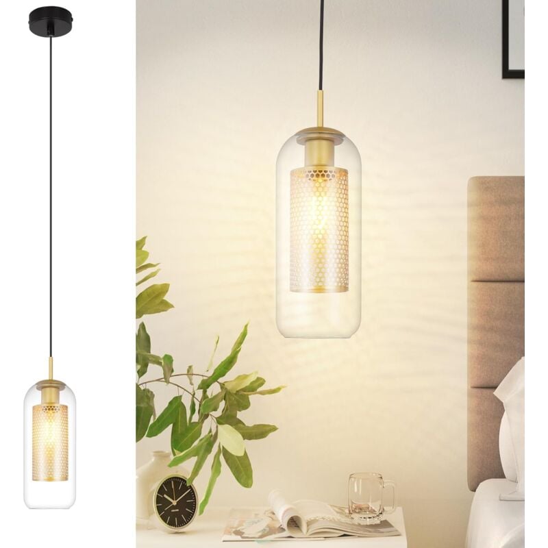 foto del prodotto lampada a sospensione in vetro 1 lampadina e27oro nero lampada a cilindro regolabile in altezza lampada da sala da pranzo soggiorno cucina sala da