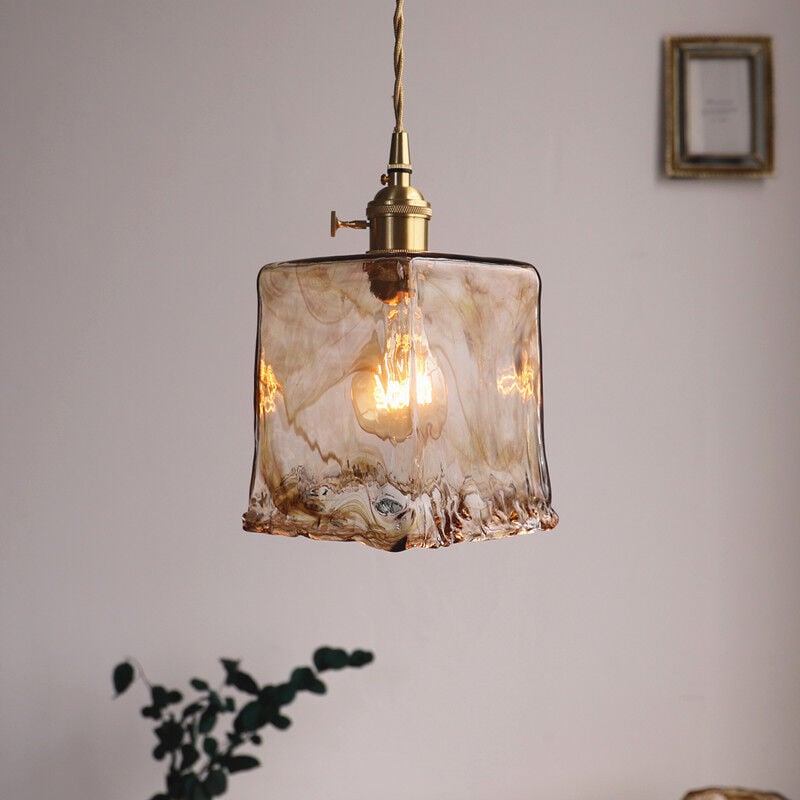 foto del prodotto lampada a sospensione in vetro ambrato tipo d vintage per illuminazione domestica con luce calda a led da 4 w, e27