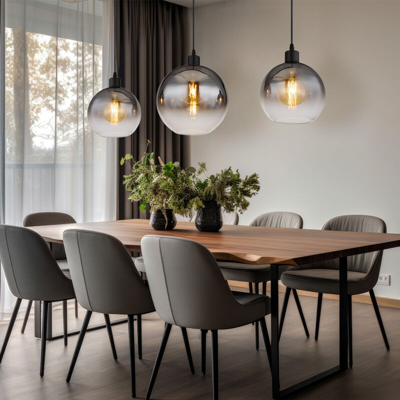 foto del prodotto lampada a sospensione in vetro fum , lampada a sospensione retr a 3 luci, sfere luminose per sala da pranzo in vetro, nero, 3 prese e27, lxpxa