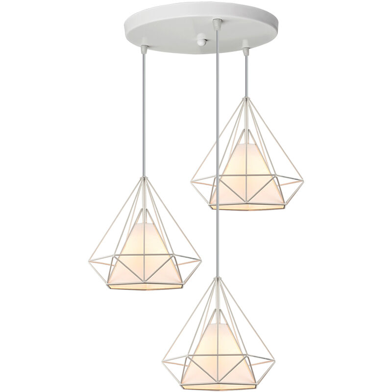 foto del prodotto lampada a sospensione industriale, 3 luci plafoniera con gabbia di diamante 25cm, lampada e27 per soggiorno sala da pranzo bianco 