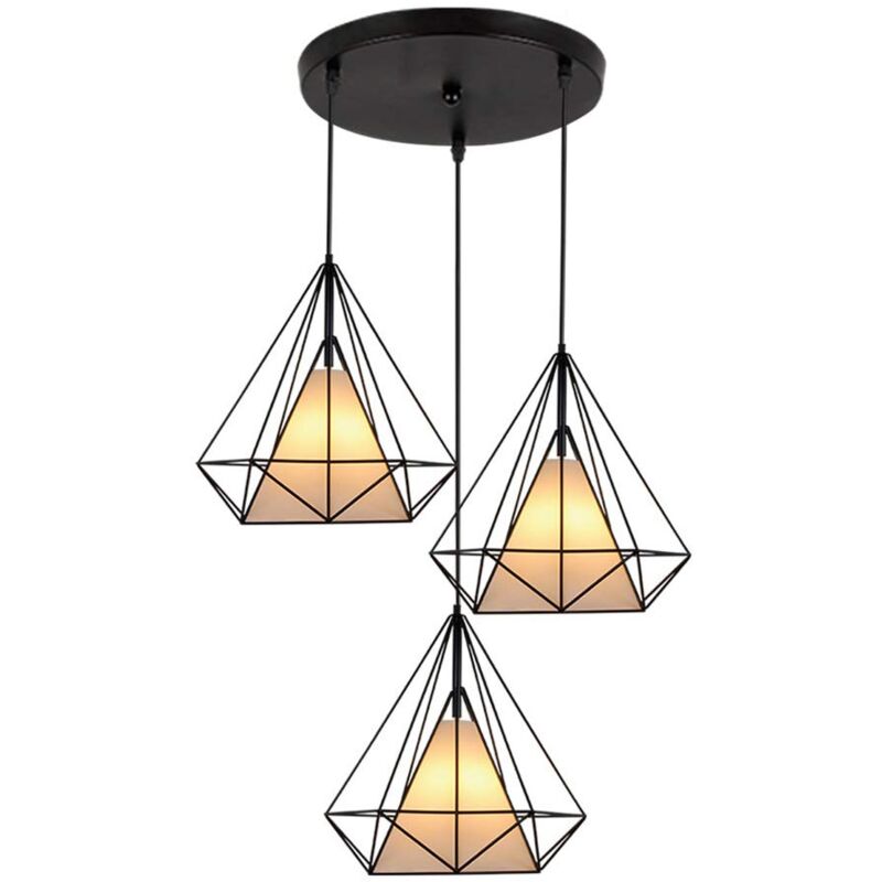 foto del prodotto lampada a sospensione industriale, 3 luci plafoniera con gabbia di diamante 25cm, lampada e27 per soggiorno sala da pranzo nero 