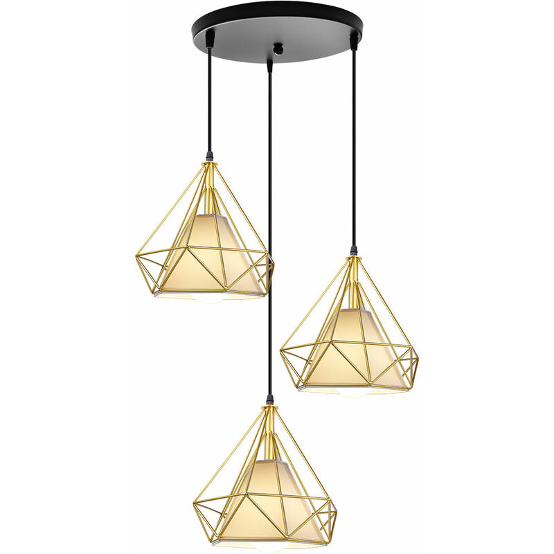 foto del prodotto lampada a sospensione industriale, 3 luci plafoniera con gabbia di diamante 25cm, lampada e27 per soggiorno sala da pranzo nero e oro 