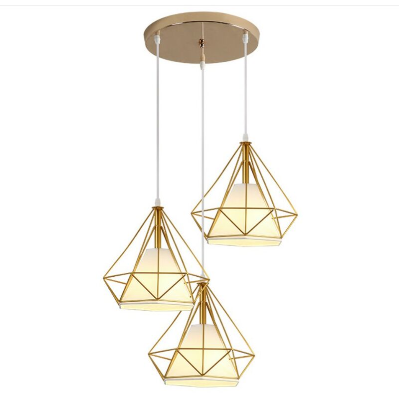 foto del prodotto lampada a sospensione industriale, 3 luci plafoniera con gabbia di diamante 25cm, lampada e27 per soggiorno sala da pranzo oro 