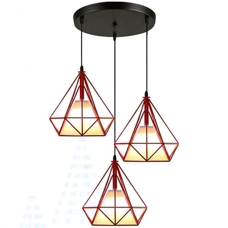 foto del prodotto lampada a sospensione industriale, 3 luci plafoniera con gabbia di diamante 25cm, lampada e27 per soggiorno sala da pranzo rosso 