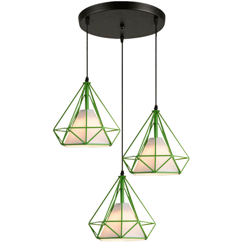 foto del prodotto lampada a sospensione industriale, 3 luci plafoniera con gabbia di diamante 25cm, lampada e27 per soggiorno sala da pranzo verde 
