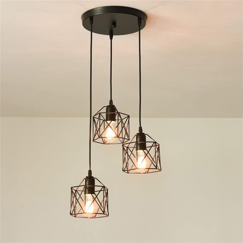 foto del prodotto lampada a sospensione industriale a 3 luci con cavo regolabile da 120 cm e27, luci da soffitto semi incassate nere, utilizzate in cucine, ristoranti,