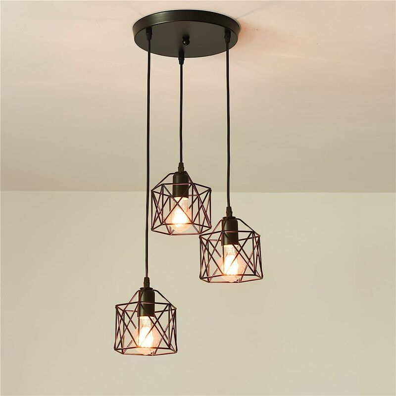 foto del prodotto lampada a sospensione industriale a 3 luci con cavo regolabile da 120 cm e27 plafoniere da semi incasso nere utilizzate in cucine, ristoranti, camere