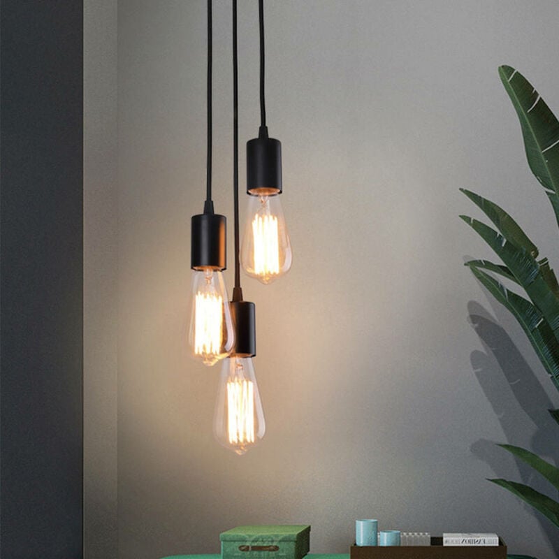 foto del prodotto lampada a sospensione industriale a 3 luci in ferro nero per lampadine e27 senza lampadine comely