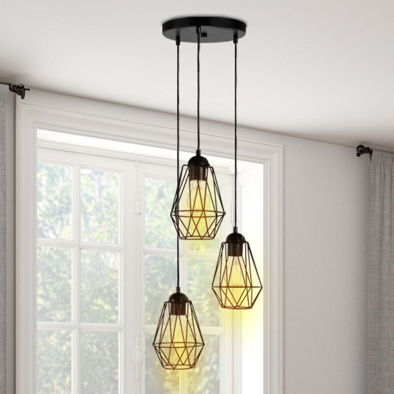 foto del prodotto lampada a sospensione industriale a forma di diamante in metallo nero a 3 lampade
