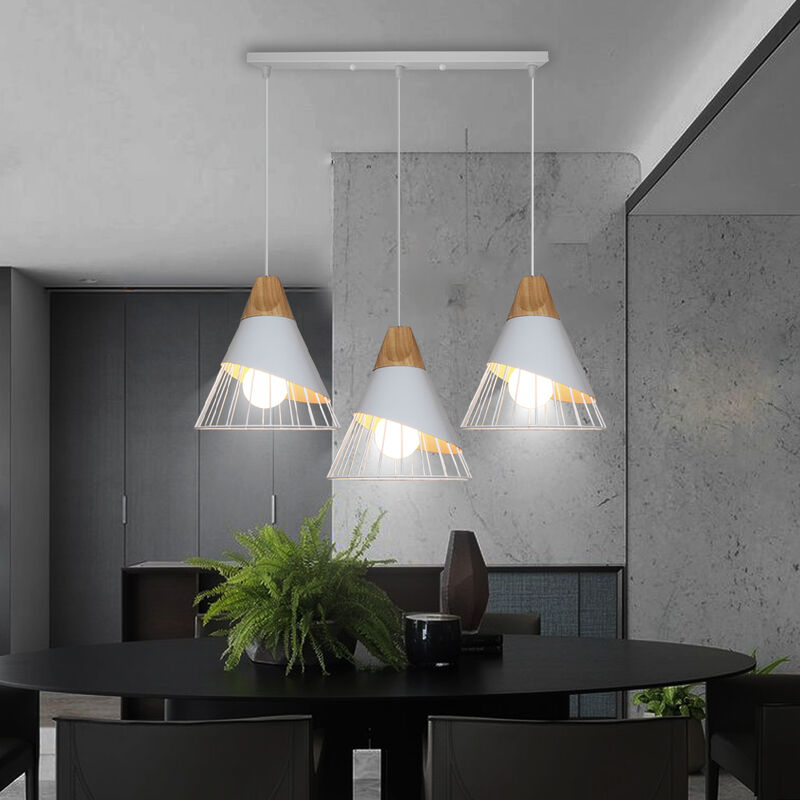 foto del prodotto lampada a sospensione industriale lampadario 3 luci in legno di ferro a base lunga plafoniera e27 per sala da pranzo soggiorno camera da letto bianco