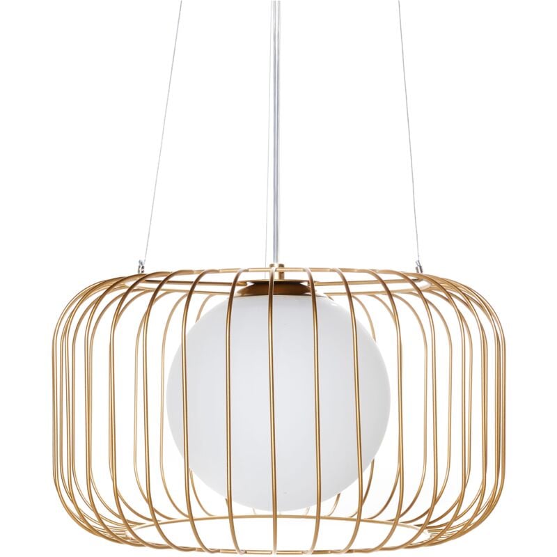 foto del prodotto lampada a sospensione industriale moderna gabbia in metallo con paralume in ferro oro bairoa
