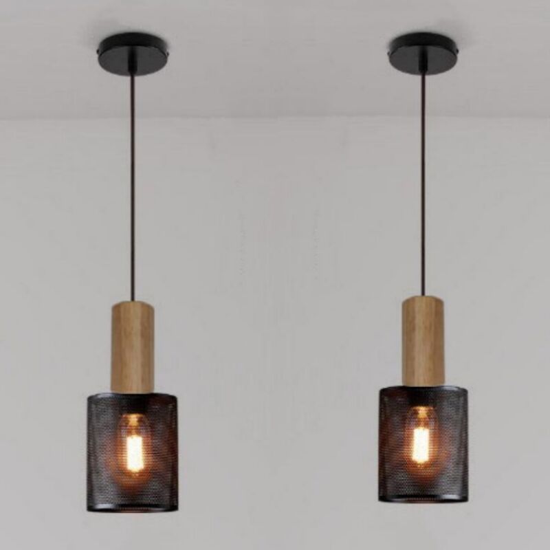 foto del prodotto lampada a sospensione industriale retr lampadario da soffitto metallo legno plafoniera interna 10cm 2 pezzi