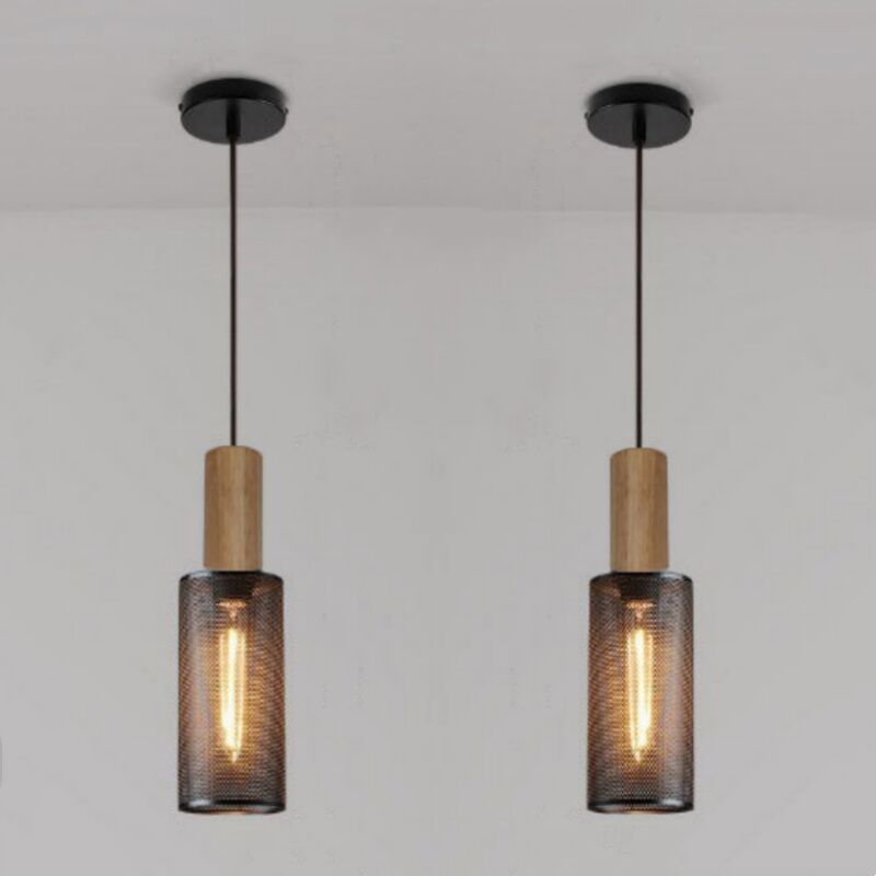 foto del prodotto lampada a sospensione industriale retr lampadario da soffitto metallo legno plafoniera interna 12,5cm 2 pezzi