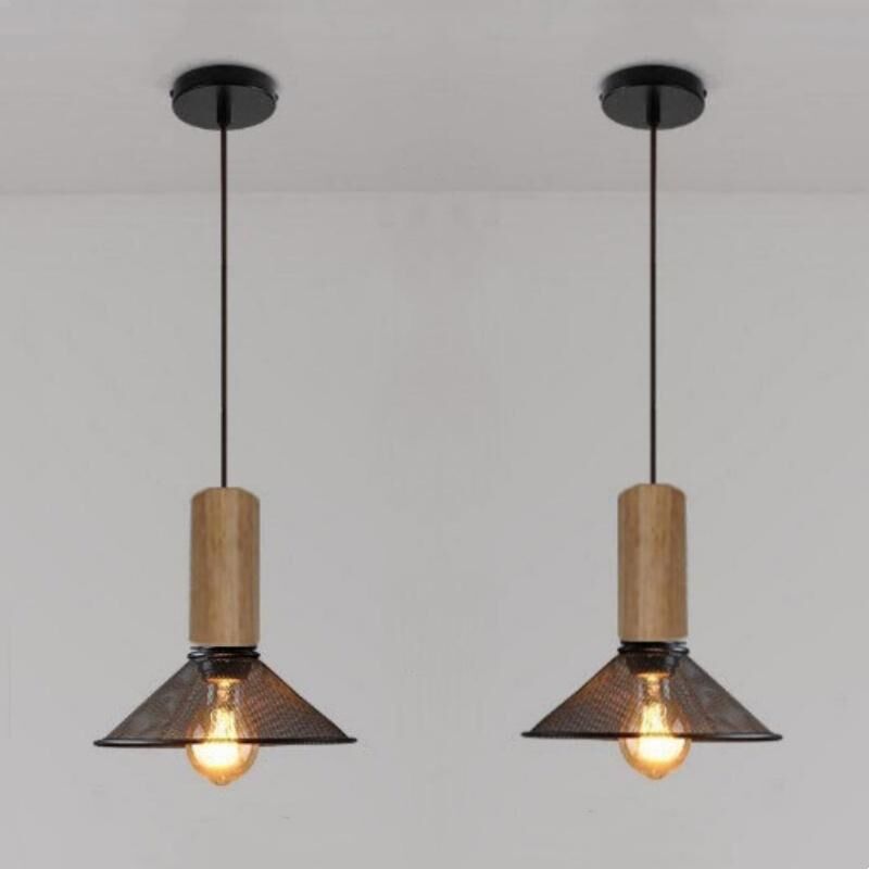 foto del prodotto lampada a sospensione industriale retr lampadario da soffitto metallo legno plafoniera interna 21,5cm 2 pezzi