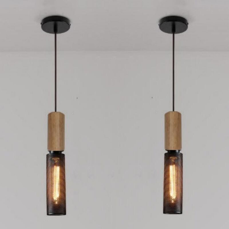 foto del prodotto lampada a sospensione industriale retr lampadario da soffitto metallo legno plafoniera interna 6,5cm 2 pezzi