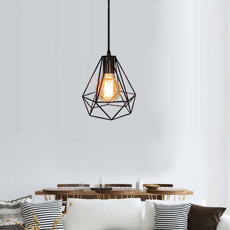 foto del prodotto lampada a sospensione industriale, vintage lampadario con metallo diamante 20cm, lampadina e27 per soggiorno cucina nero