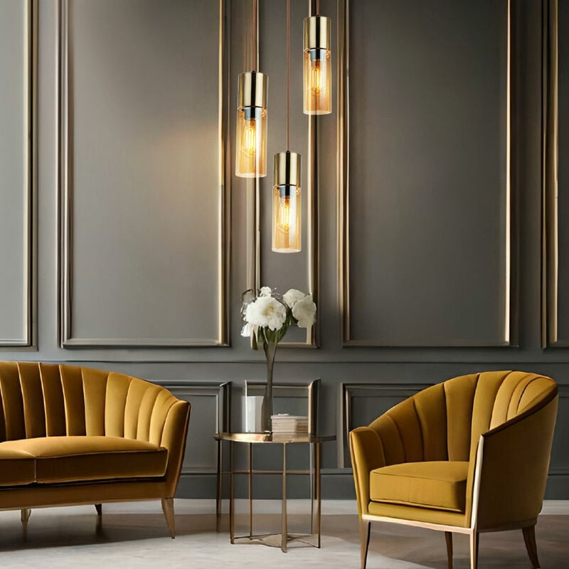 foto del prodotto lampada a sospensione lampada a sospensione a soffitto a 3 luci lampada a sospensione in metallo e vetro, 3x e27, metallo ottone vetro ambrato,