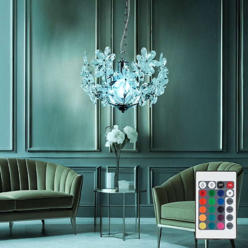 foto del prodotto lampada a sospensione lampada a sospensione a sospensione a soffitto design floreale, acrilico, cromo, telecomando dimmerabile, 1x led rgb 8,5w 806lm