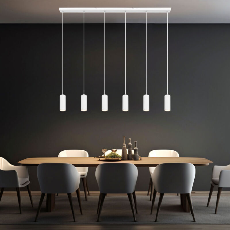 foto del prodotto lampada a sospensione lampada a sospensione bianca da soggiorno lampada da soffitto a 6 luci, metallo, 6 prese gu10, lxpxa 115x6x120 cm