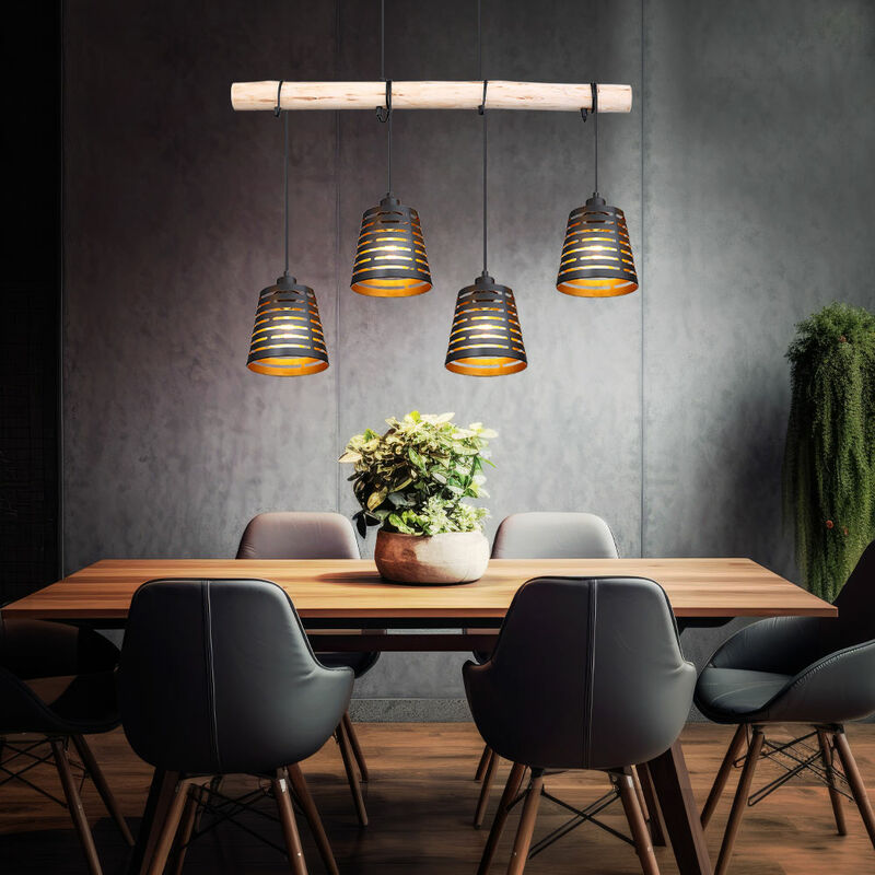 foto del prodotto lampada a sospensione lampada a sospensione con trave di legno lampada da sala da pranzo retr appesa con quattro paralumi in metallo, oro nero, 4x