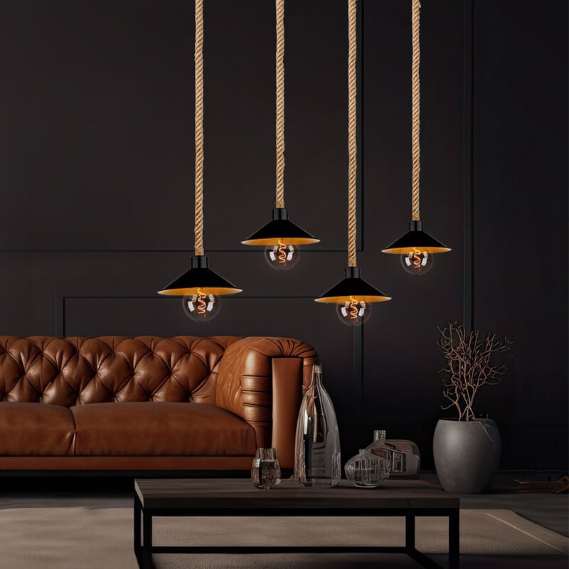 foto del prodotto lampada a sospensione lampada a sospensione corda di canapa lampada a sospensione oro nero stile country sala da pranzo regolabile in altezza,
