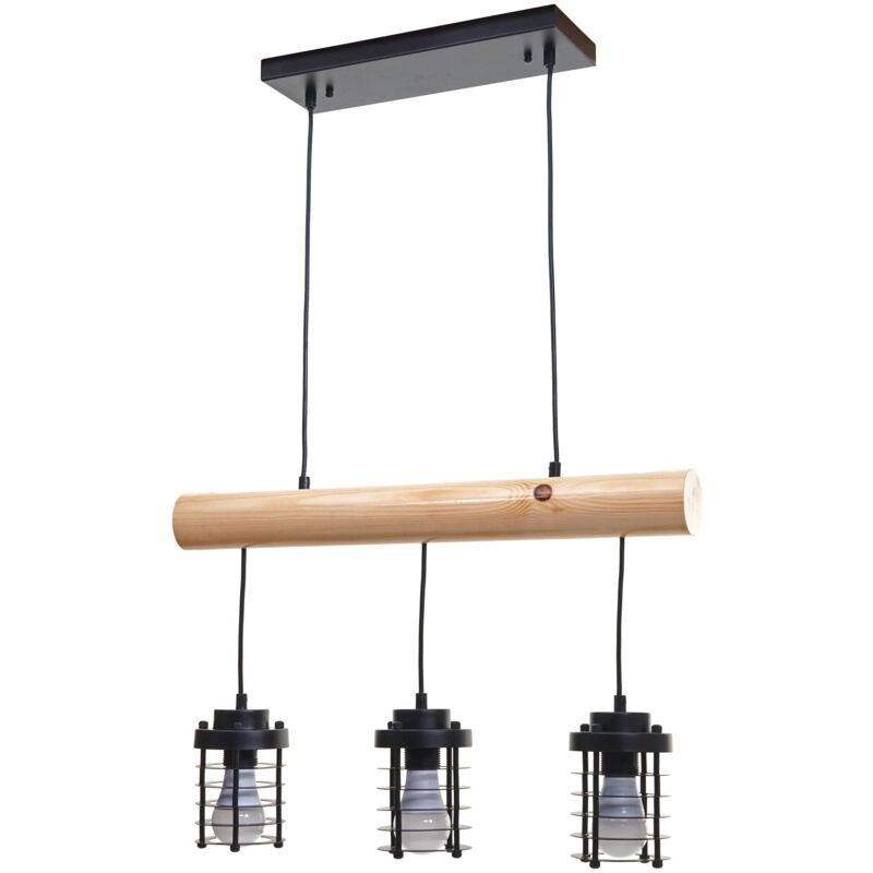 foto del prodotto lampada a sospensione lampada a sospensione design industriale vintage in legno massello metallo nero 3 paralumi 040004049
