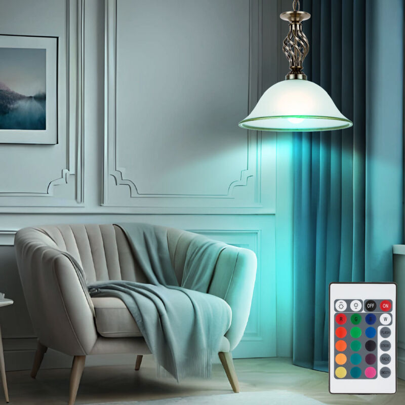 foto del prodotto lampada a sospensione lampada a sospensione dimmerabile con telecomando, plafoniera da cucina in ottone anticato, vetro satinato, 1x led rgb 8,5w
