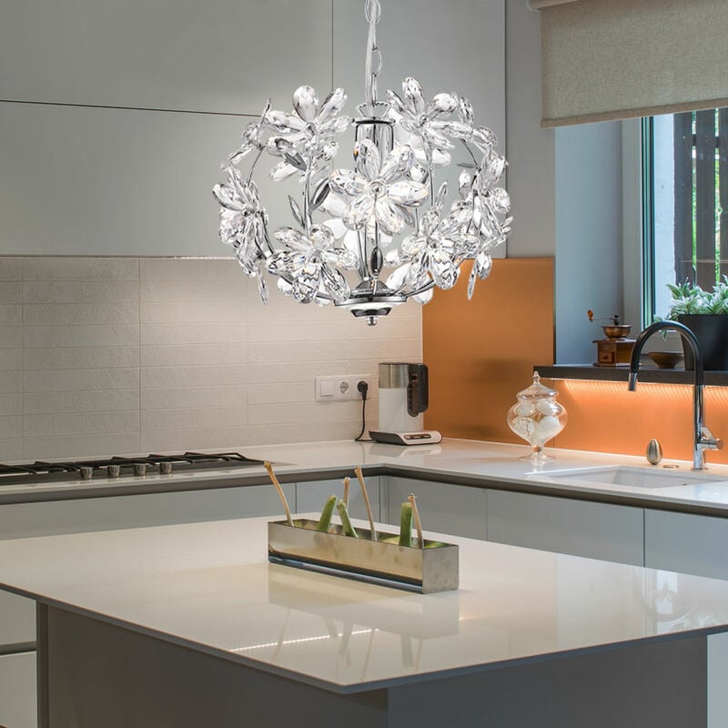 foto del prodotto lampada a sospensione lampada a sospensione foglie lampada a soffitto sospensione design floreale, acrilico, cromo, paralume, forma sferica, 1x led