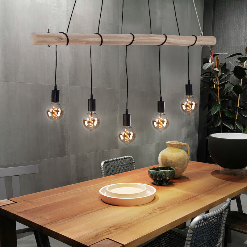 foto del prodotto lampada a sospensione lampada a sospensione in legno 5 fiamme lampada da tavolo da pranzo travi in legno, vintage nero naturale, 5 prese e27, lxpxh