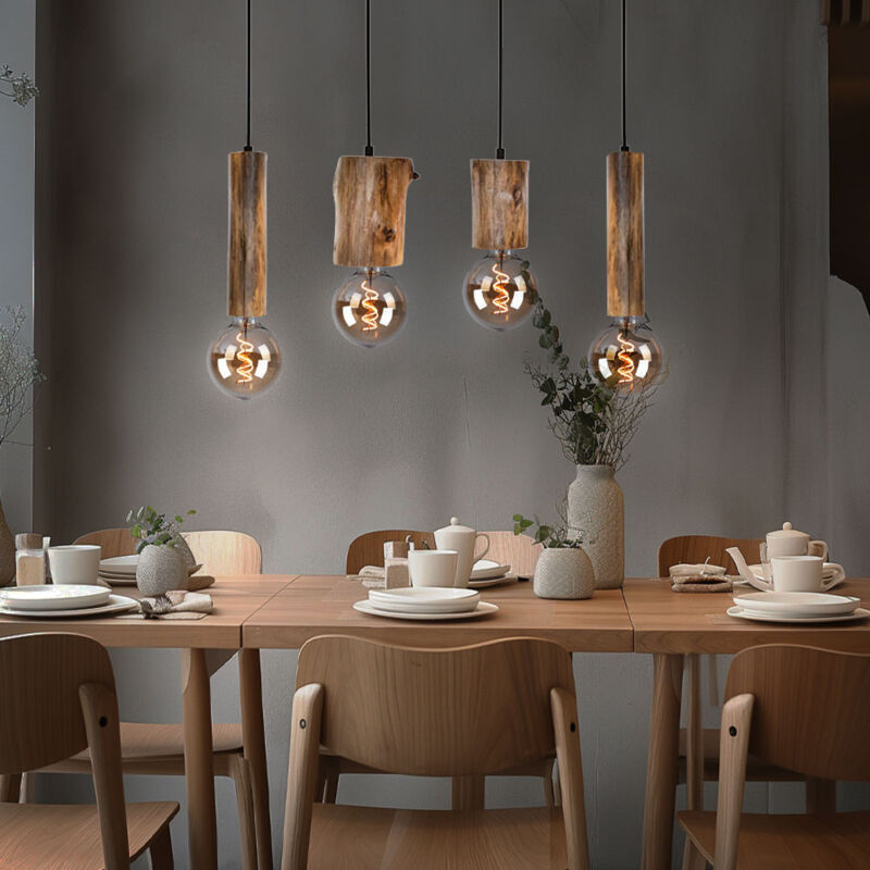 foto del prodotto lampada a sospensione lampada a sospensione in legno lampada da soffitto vintage cucina, metallo nero eucalipto, 4 luci, h 150 cm, sala da pranzo