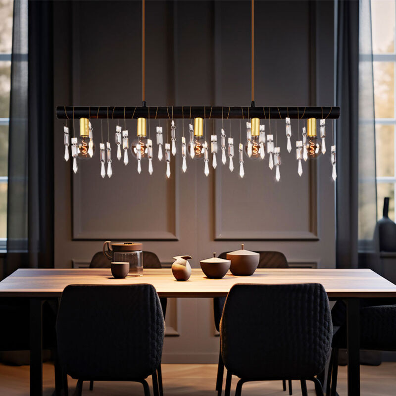 foto del prodotto lampada a sospensione lampada a sospensione in legno sala da pranzo cristalli di vetro chiaro, metallo nero trasparente, 5 prese e14, lxlxh 90x6x120