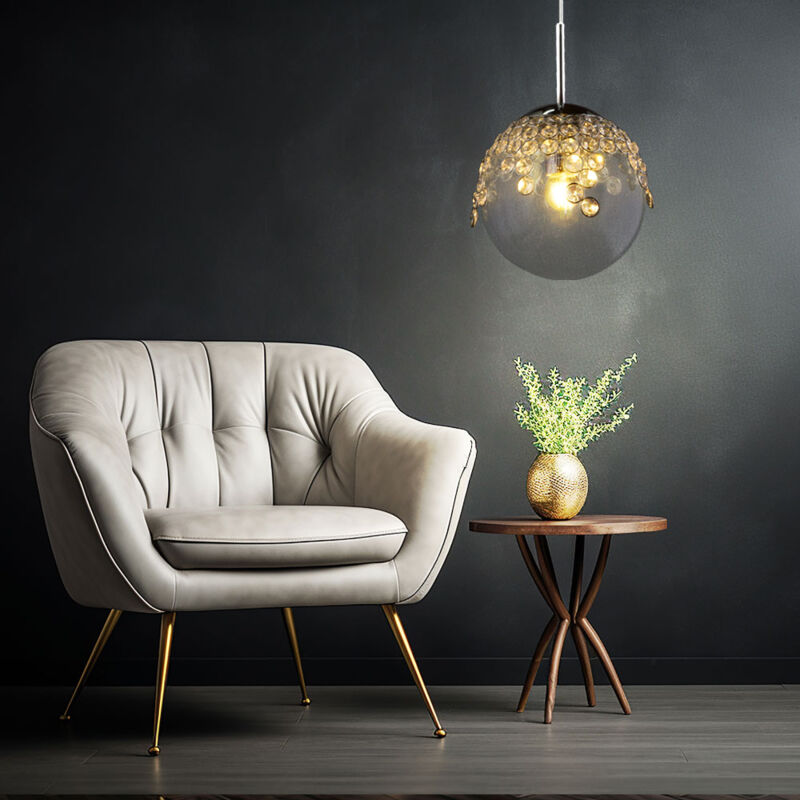 foto del prodotto lampada a sospensione lampada a sospensione lampada a sfera illuminazione interna gas chiaro, metallo, cromo, cristalli k, 1x attacco e27, dxh 20x150