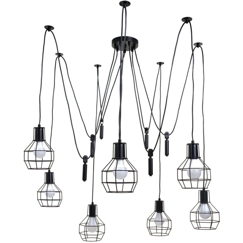 foto del prodotto lampada a sospensione lampada a sospensione lampada a sospensione altezza regolabile in metallo industriale nero paralume a reticolo 7x 040004053