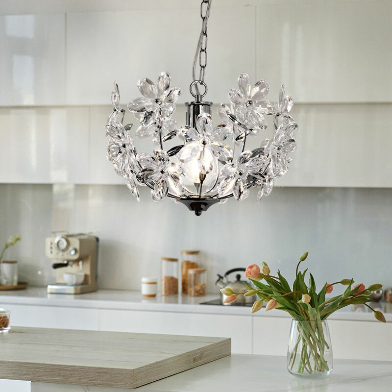 foto del prodotto lampada a sospensione lampada a sospensione lampada a sospensione lampada a sospensione design floreale, acrilico, cromo, paralume, forma sferica, 1x