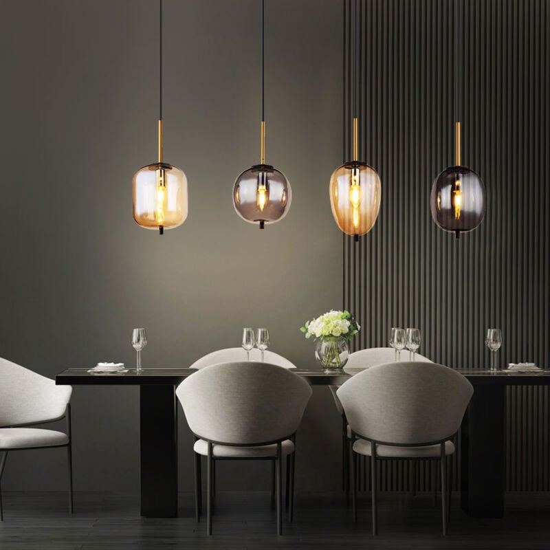 foto del prodotto lampada a sospensione lampada a sospensione lampada a sospensione lampada da tavolo da pranzo, 4 lampadine metallo nero ambra fum , attacchi e14,