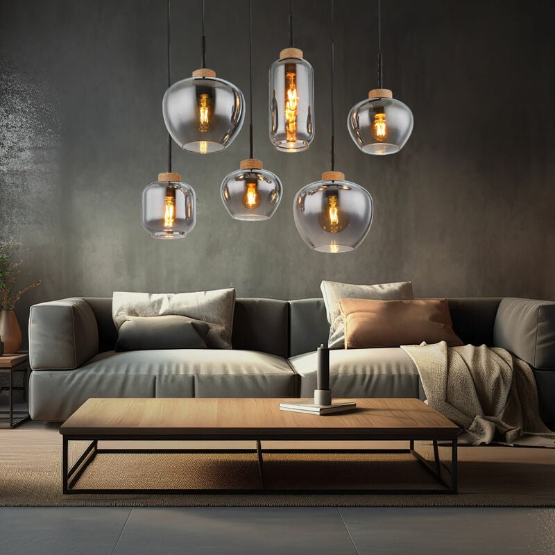 foto del prodotto lampada a sospensione lampada a sospensione lampada a sospensione lampada da tavolo da pranzo, 6 fiamme, retro vetro fum metallo nero canapa